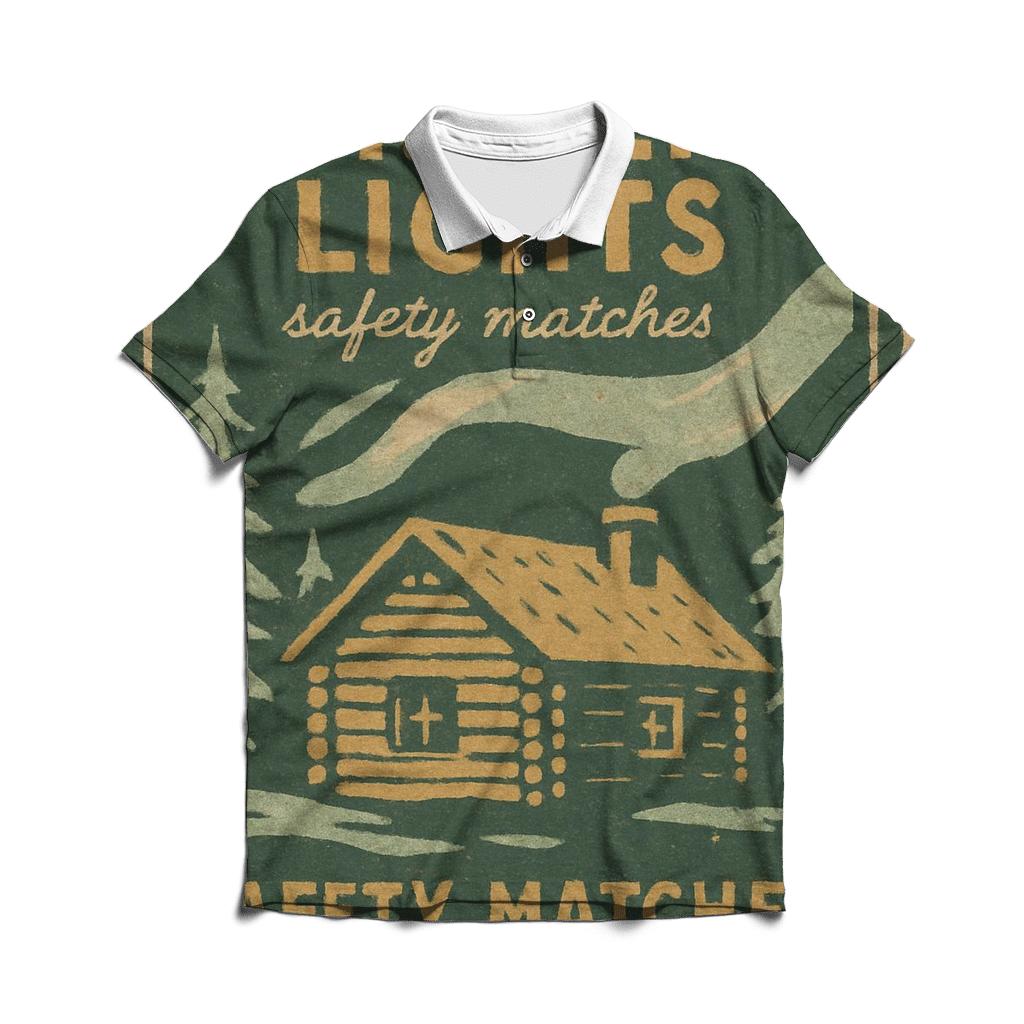 Rustic Cabin Matchbox Label With Northern Lights designer slim fit polos