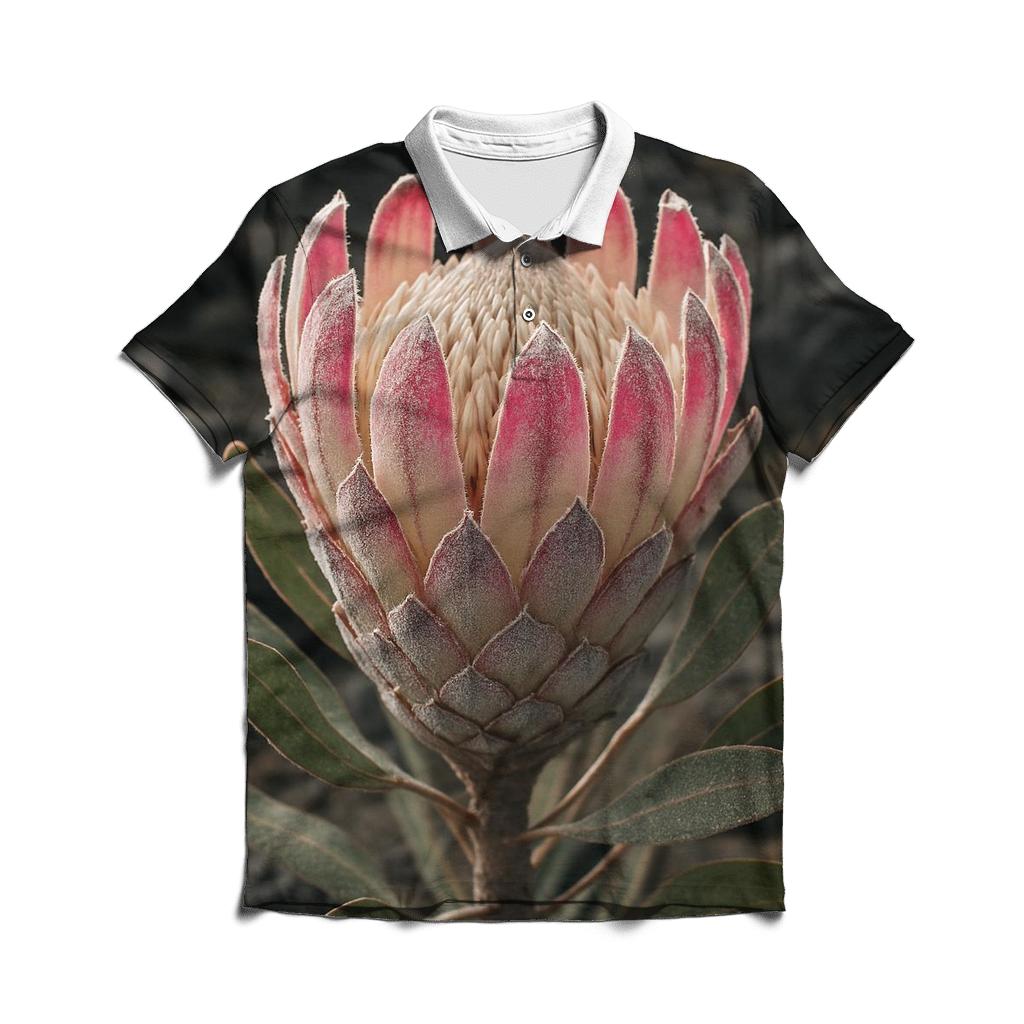 Volcanic Slope Protea Study With Ash Dusting On Bracts personalized polo shirts