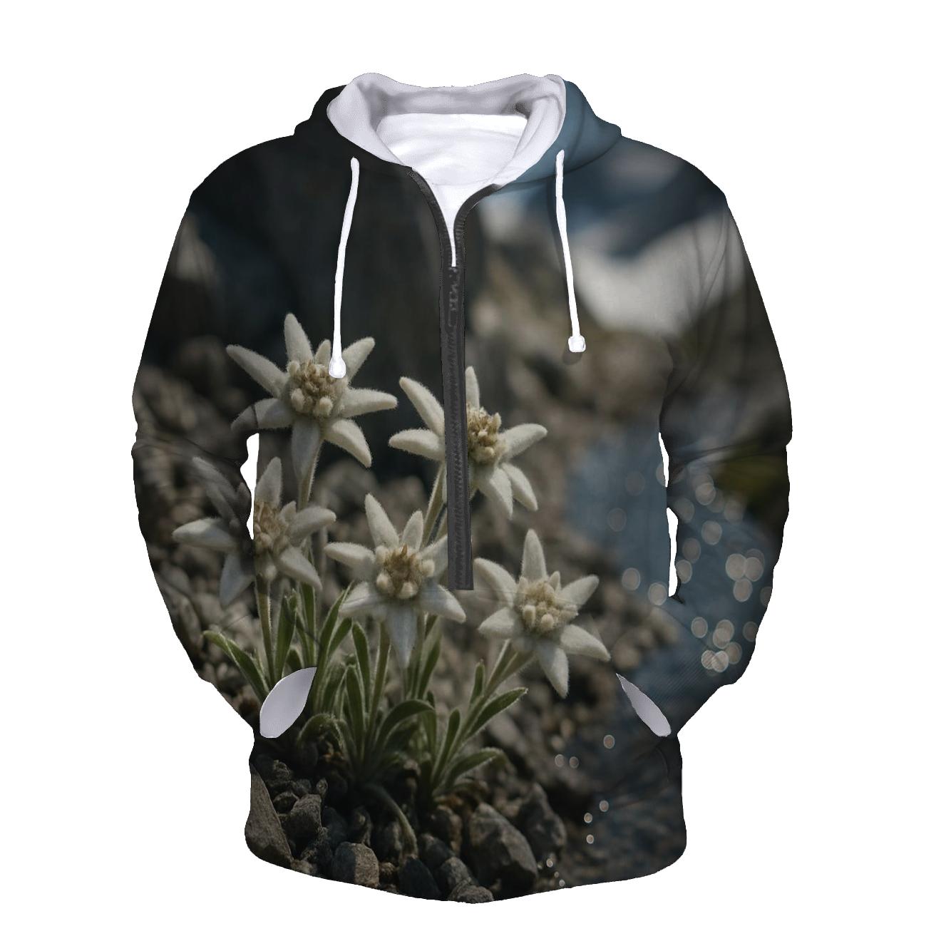High Alpine Edelweiss Close Up Beside Melting Snowfields premium hoodies