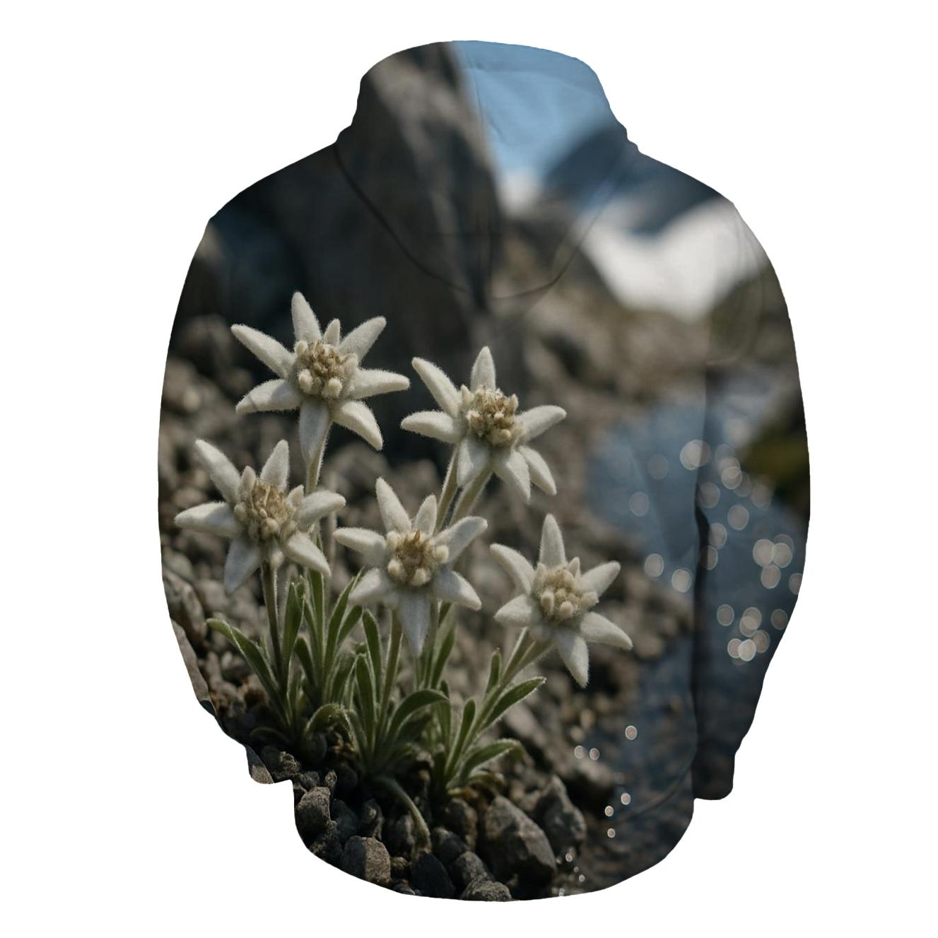 High Alpine Edelweiss Close Up Beside Melting Snowfields premium hoodies