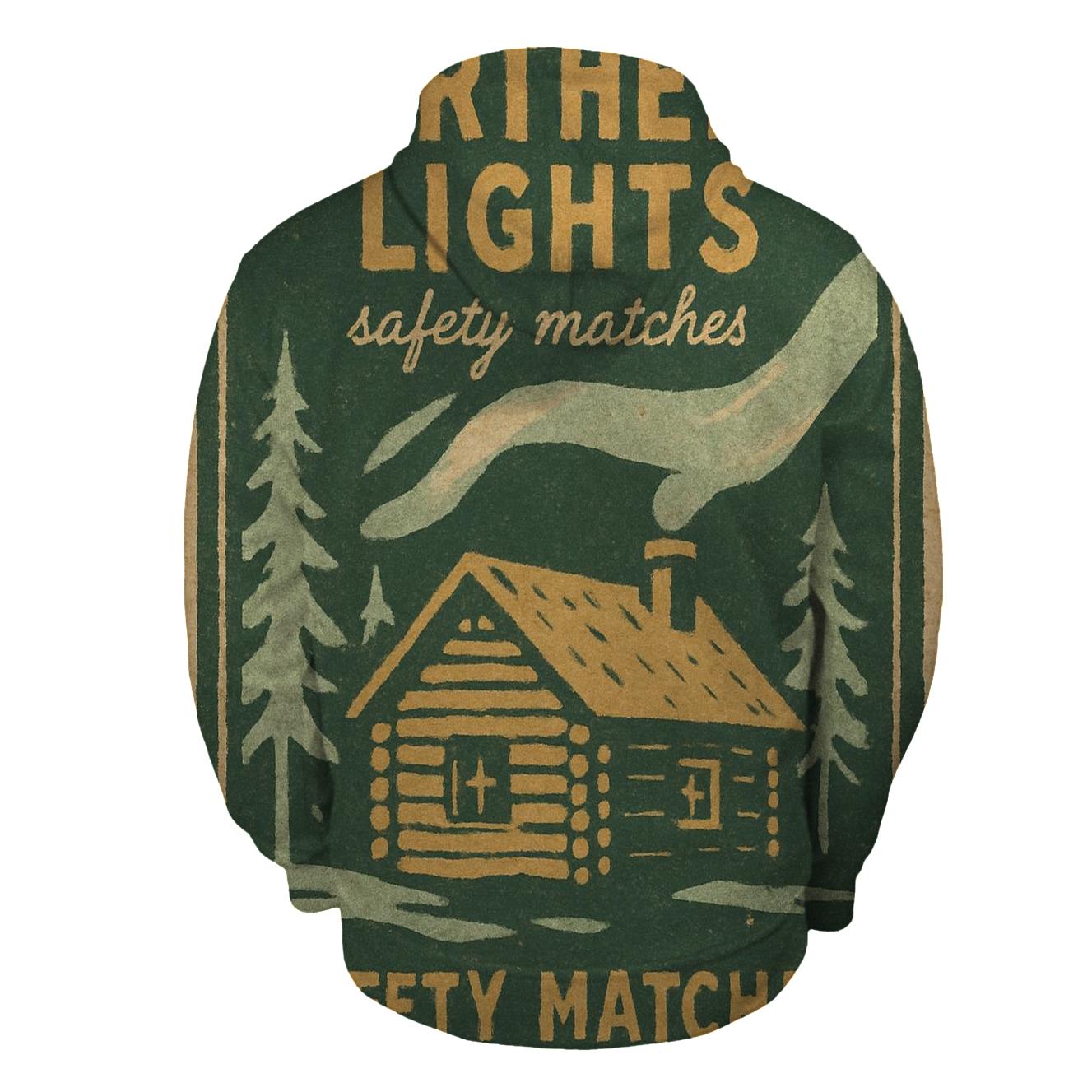 Rustic Cabin Matchbox Label With Northern Lights hoodies fashion