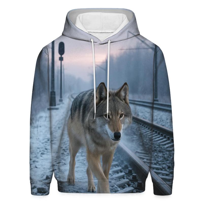 Eurasian Wolf On A Winter Railway Embankment premium hoodies