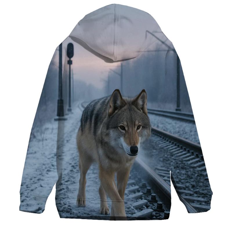 Eurasian Wolf On A Winter Railway Embankment premium hoodies