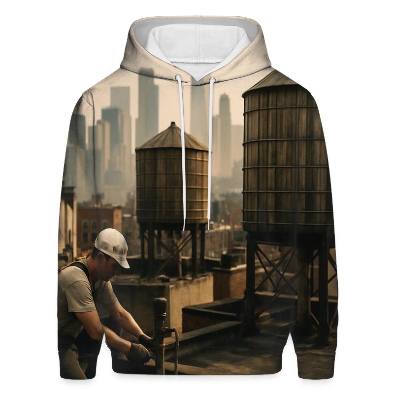 Chinatown Rooftop Water Tanks With Downtown Skyline Haze embroidered hoodies