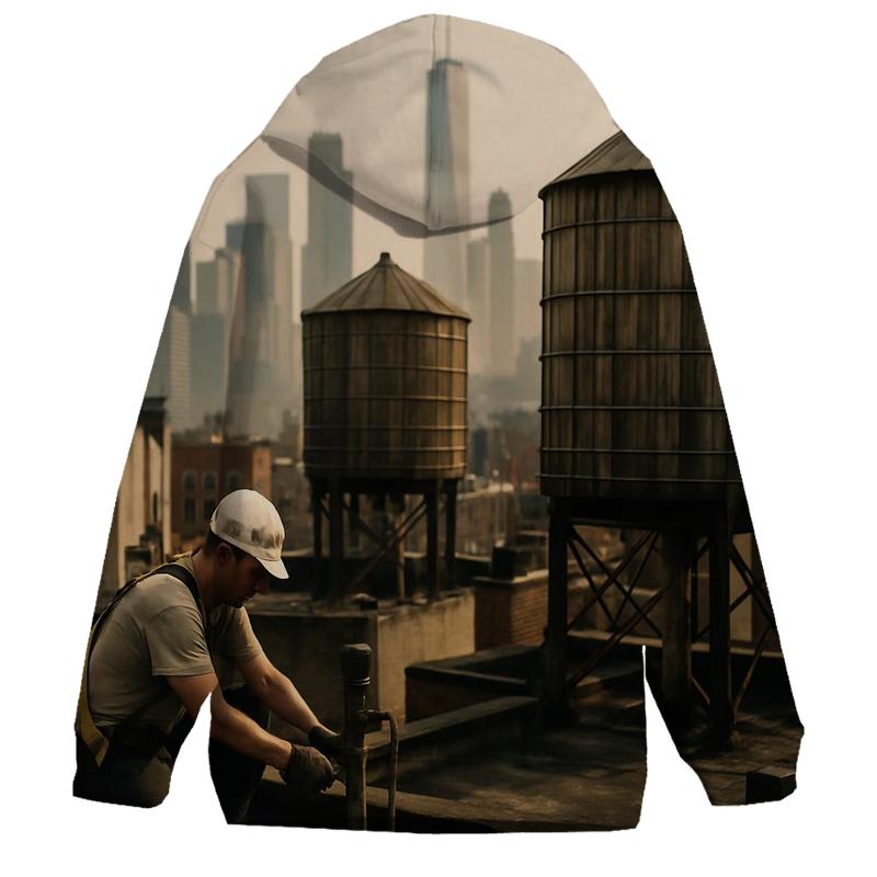 Chinatown Rooftop Water Tanks With Downtown Skyline Haze embroidered hoodies