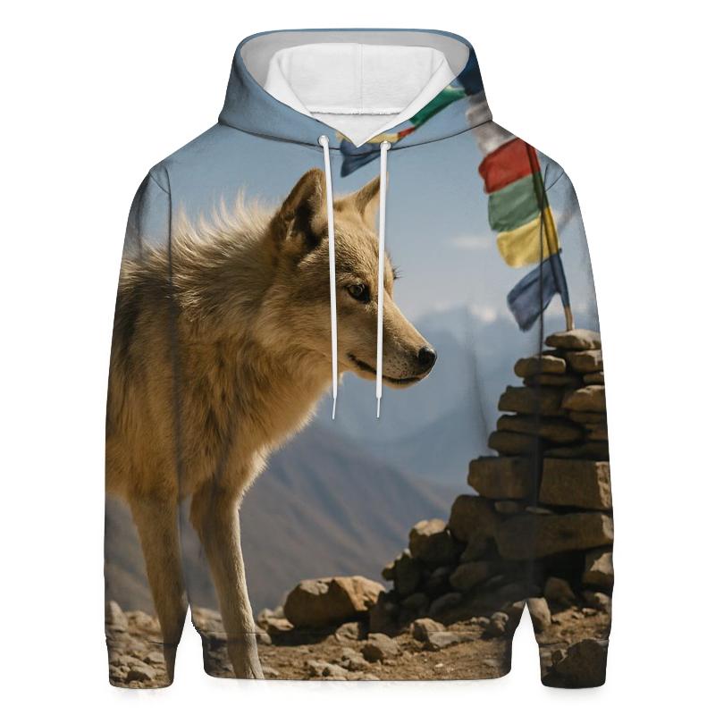 Himalayan Wolf On A High Pass Prayer Flag Ridge heavyweight hoodies