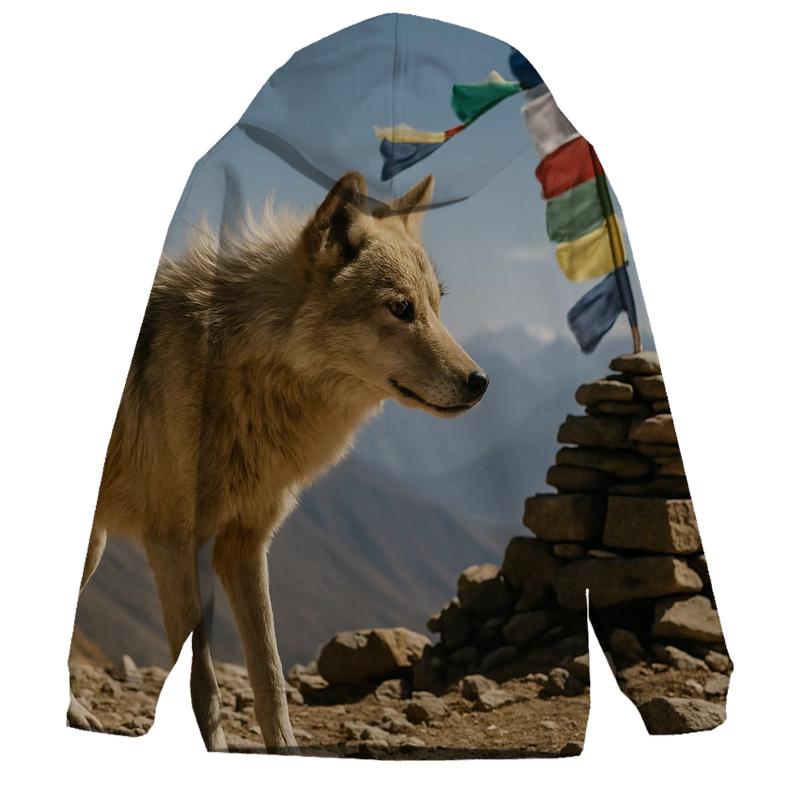 Himalayan Wolf On A High Pass Prayer Flag Ridge heavyweight hoodies