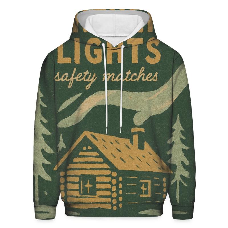 Rustic Cabin Matchbox Label With Northern Lights heavyweight hoodies