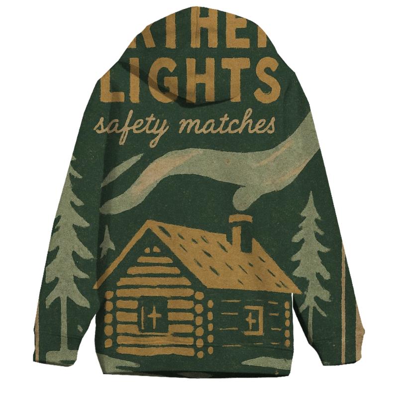 Rustic Cabin Matchbox Label With Northern Lights heavyweight hoodies