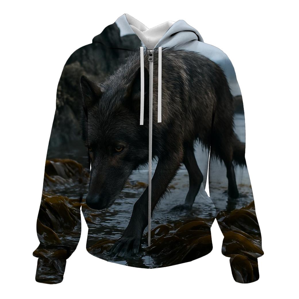 Coastal Wolf Crossing The Kelp Line At Low Tide pullover hoodies