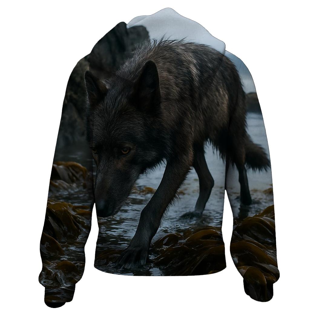 Coastal Wolf Crossing The Kelp Line At Low Tide pullover hoodies