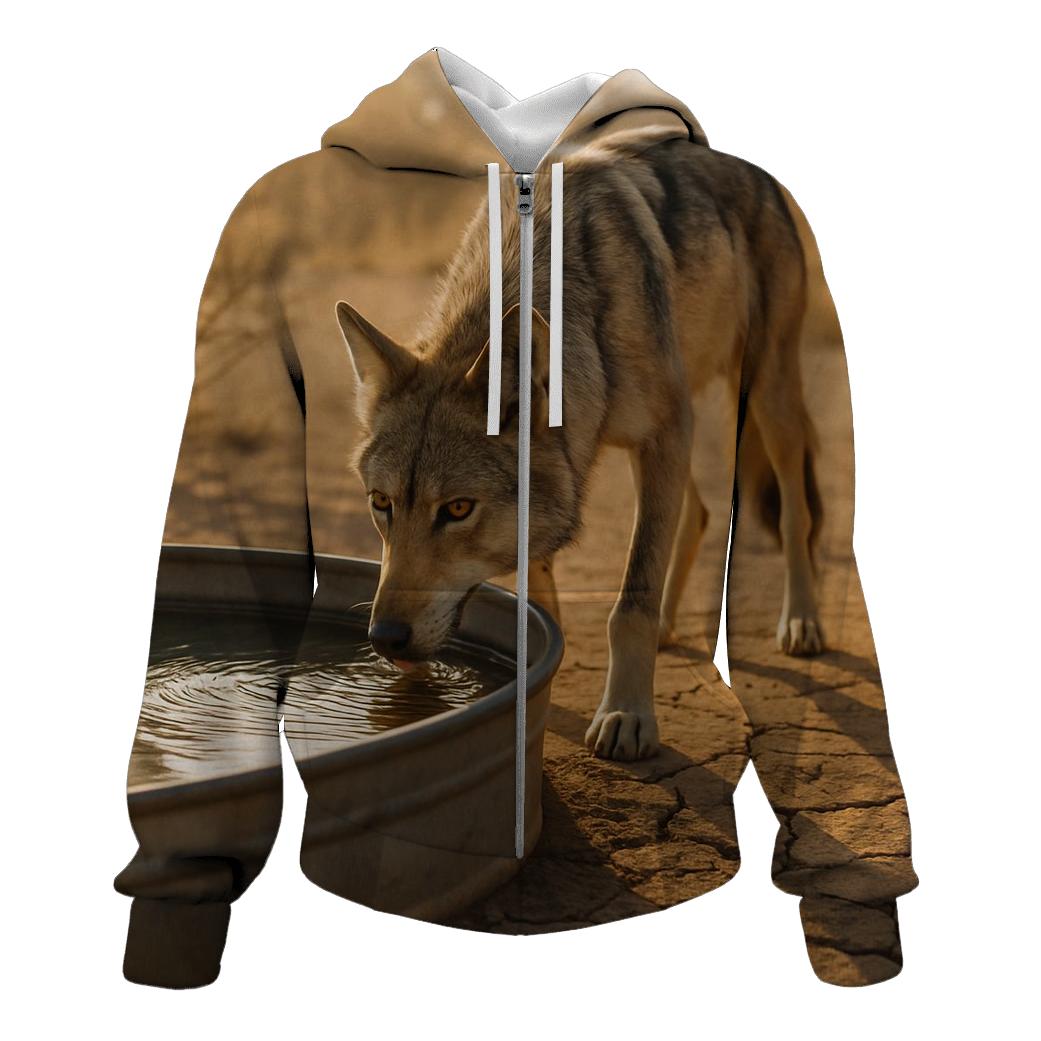 Mexican Gray Wolf At The Desert Stock Tank premium hoodies