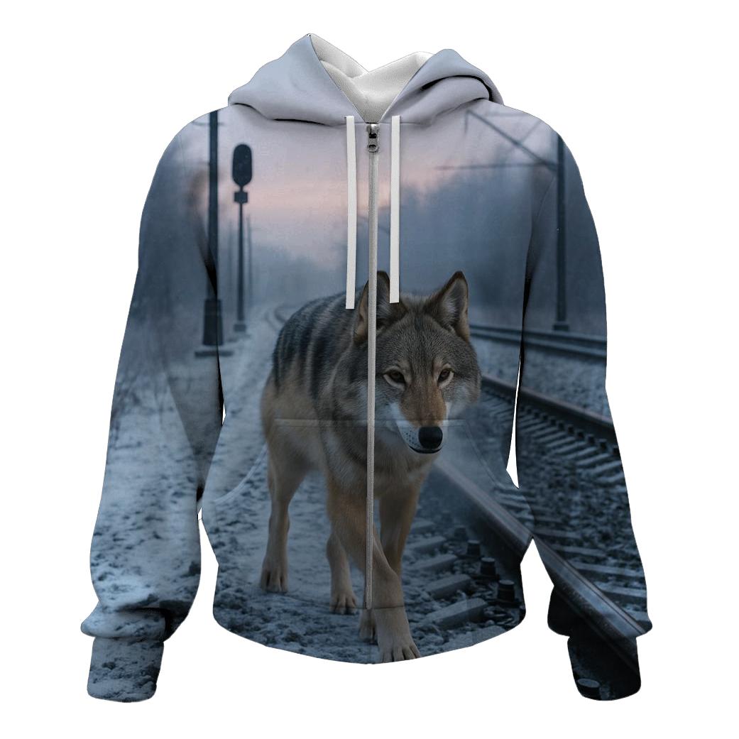 Eurasian Wolf On A Winter Railway Embankment designer hoodies