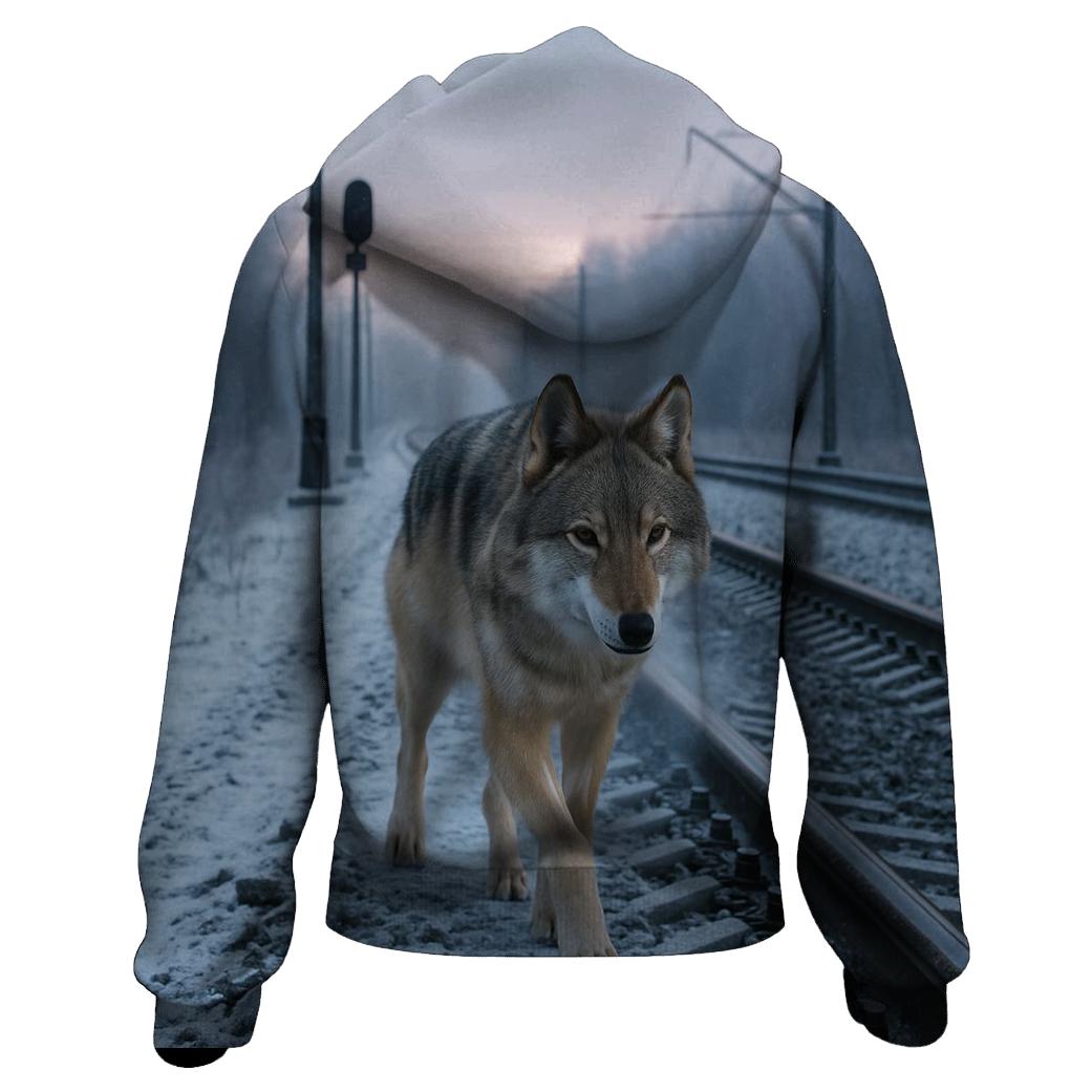 Eurasian Wolf On A Winter Railway Embankment designer hoodies