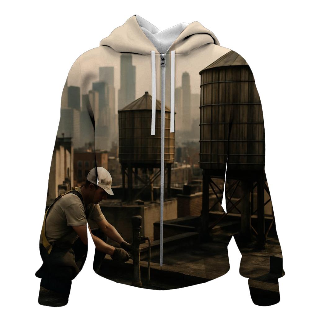 Chinatown Rooftop Water Tanks With Downtown Skyline Haze zip-up hoodies