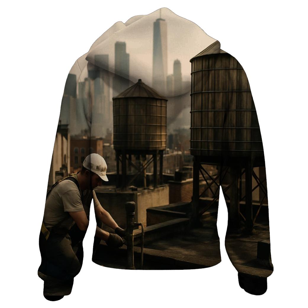 Chinatown Rooftop Water Tanks With Downtown Skyline Haze zip-up hoodies