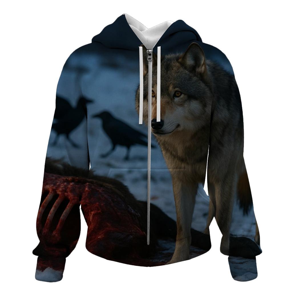 Gray Wolf Watching Ravens On A Moose Carcass Site pullover hoodies