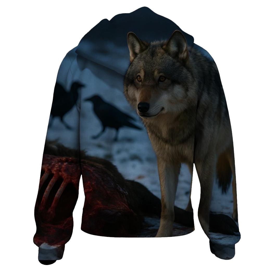 Gray Wolf Watching Ravens On A Moose Carcass Site pullover hoodies