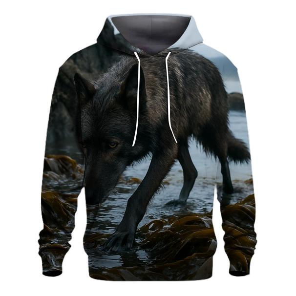 Coastal Wolf Crossing The Kelp Line At Low Tide graphic hoodies