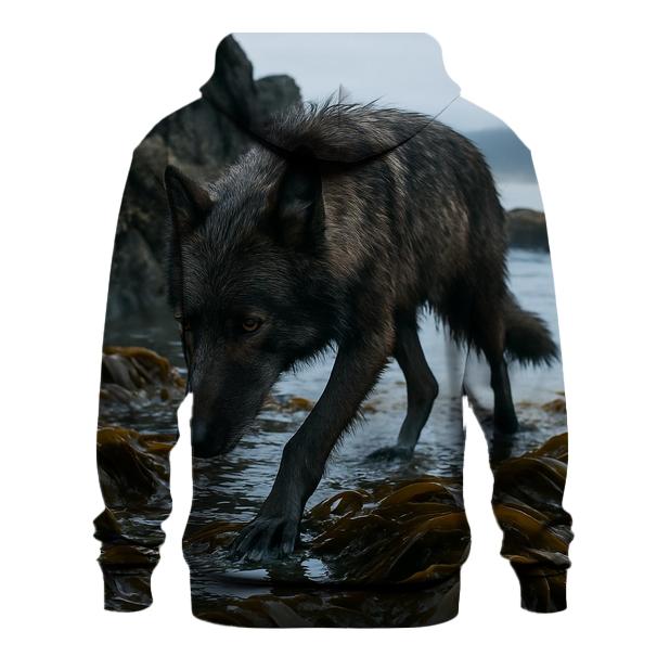 Coastal Wolf Crossing The Kelp Line At Low Tide graphic hoodies