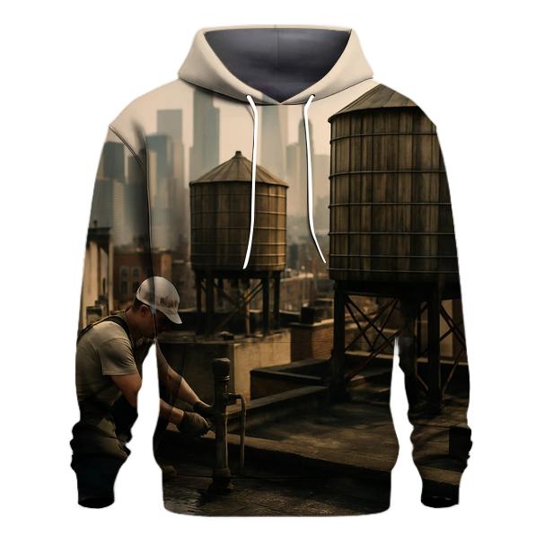 Chinatown Rooftop Water Tanks With Downtown Skyline Haze heavyweight hoodies