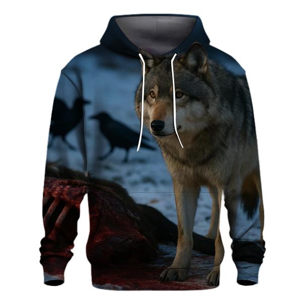 Gray Wolf Watching Ravens On A Moose Carcass Site embroidered hoodies