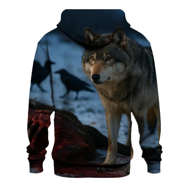 Gray Wolf Watching Ravens On A Moose Carcass Site embroidered hoodies