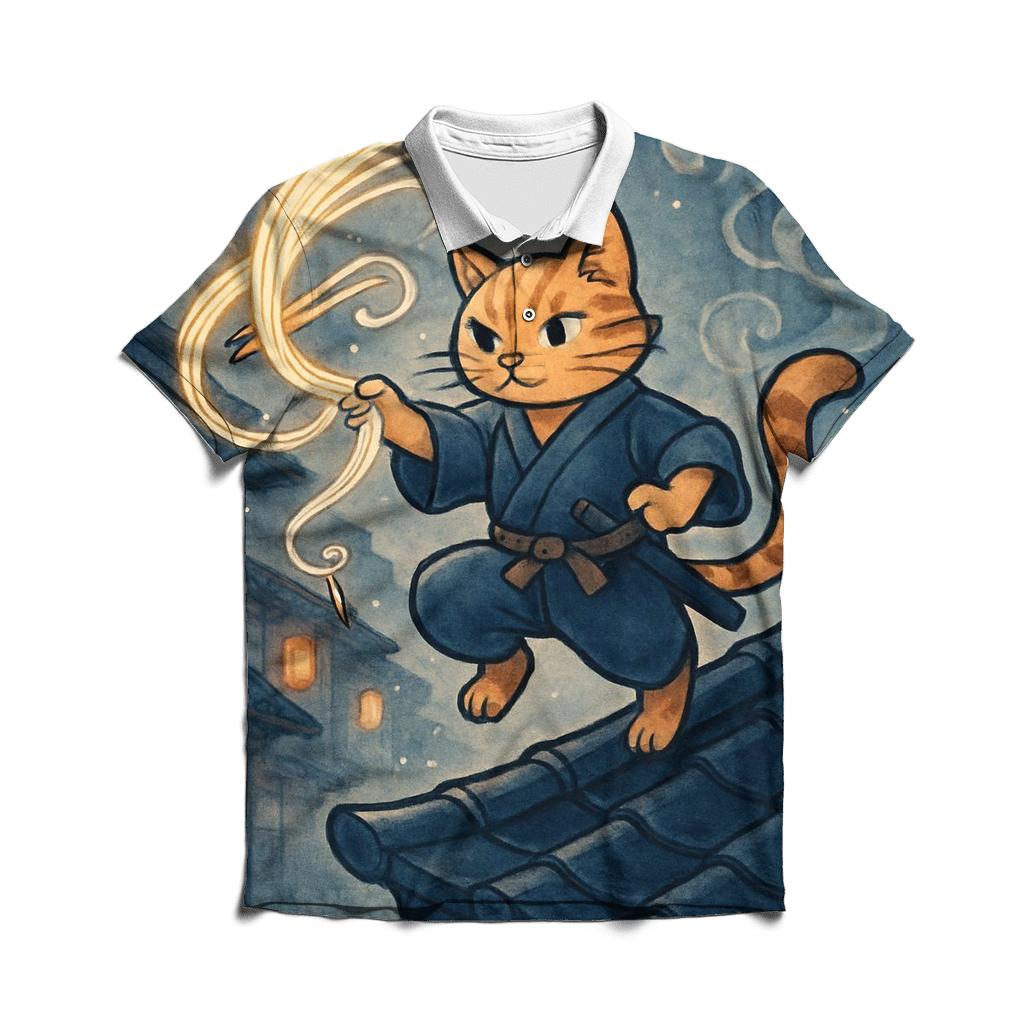 Moonlit Ramen Ronin Cat premium cotton polo shirts