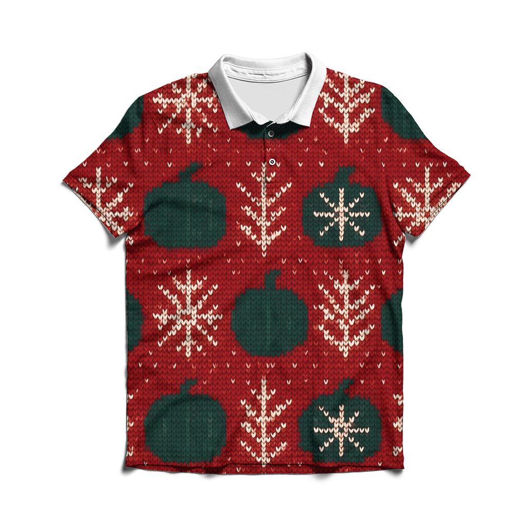 Festive Knit Pumpkin Fair Isle Bands On Red Background branded logo polo shirts