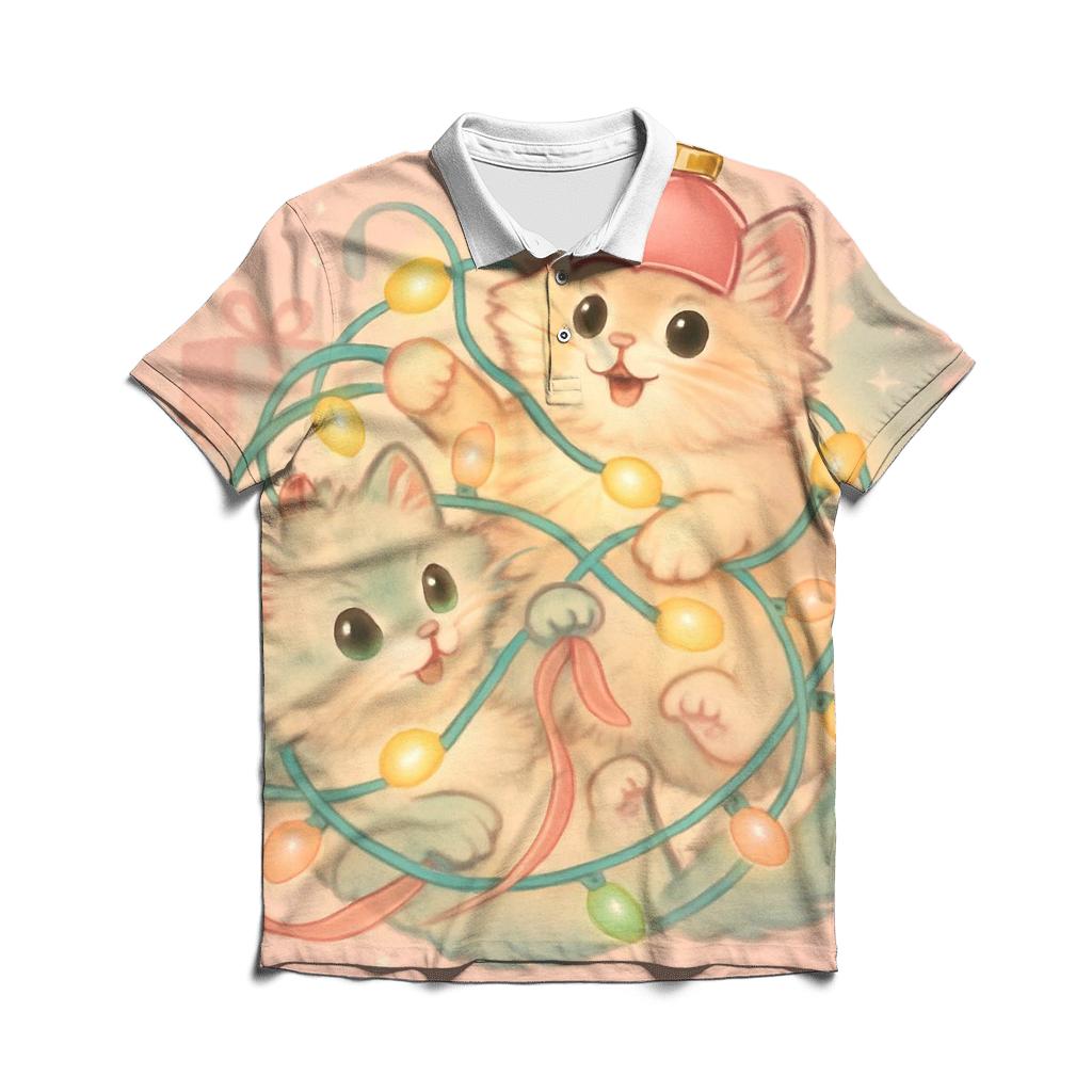 Christmas Cats Tangled In Twinkle Lights custom polo shirts