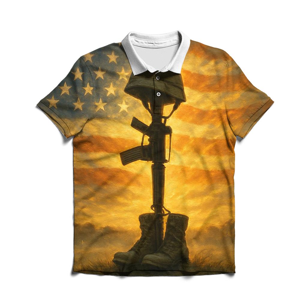 Field Cross At Sunrise With Flag Halo casual sports polo shirts