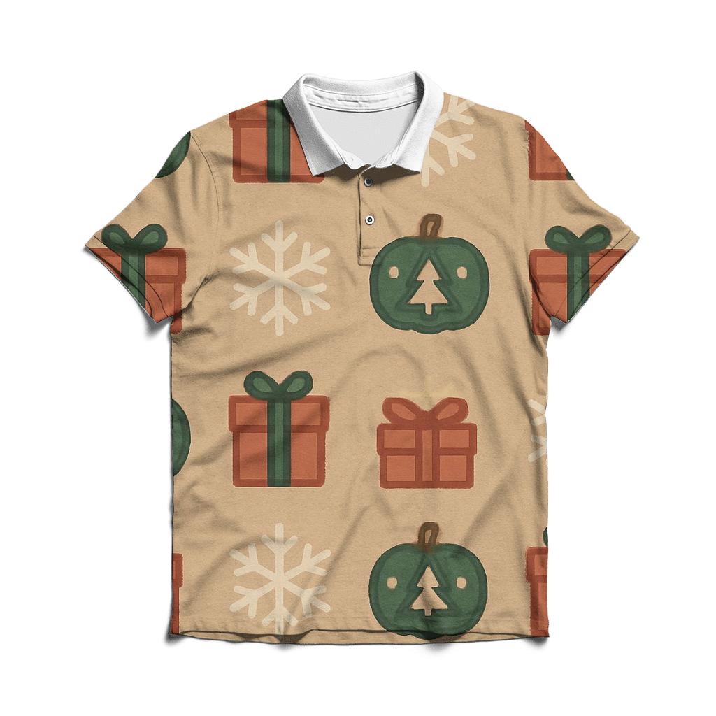 Christmas Tree Pumpkin Micro Icon Grid On Beige Background casual sports polo shirts