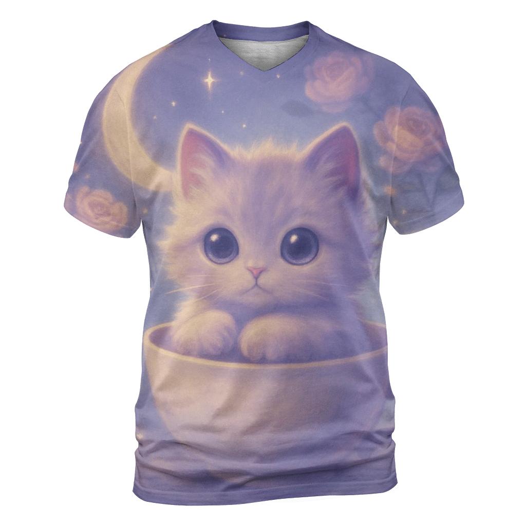 Moonlit Teacup Kitten Reverie unique graphic print tees