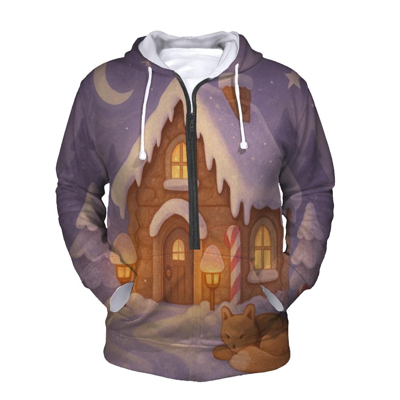 Gingerbread Cabin Under Moonlit Mist hoodie designs