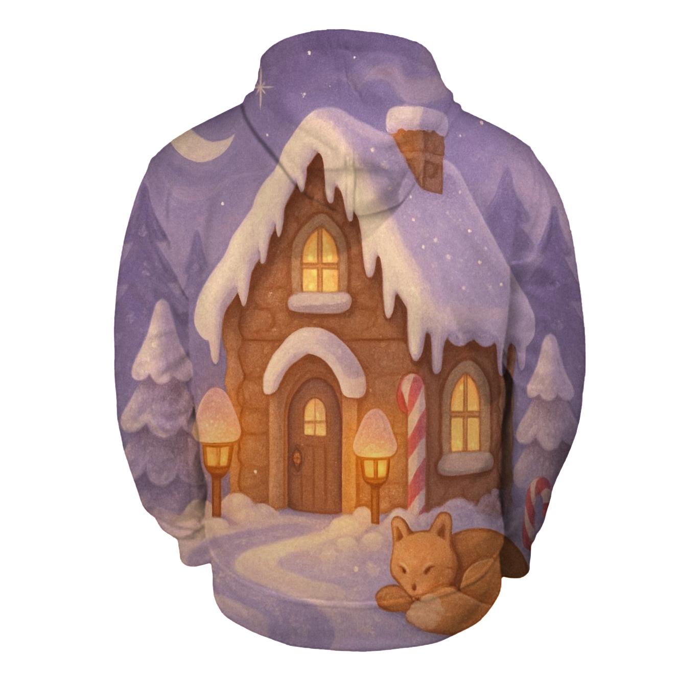 Gingerbread Cabin Under Moonlit Mist hoodie designs
