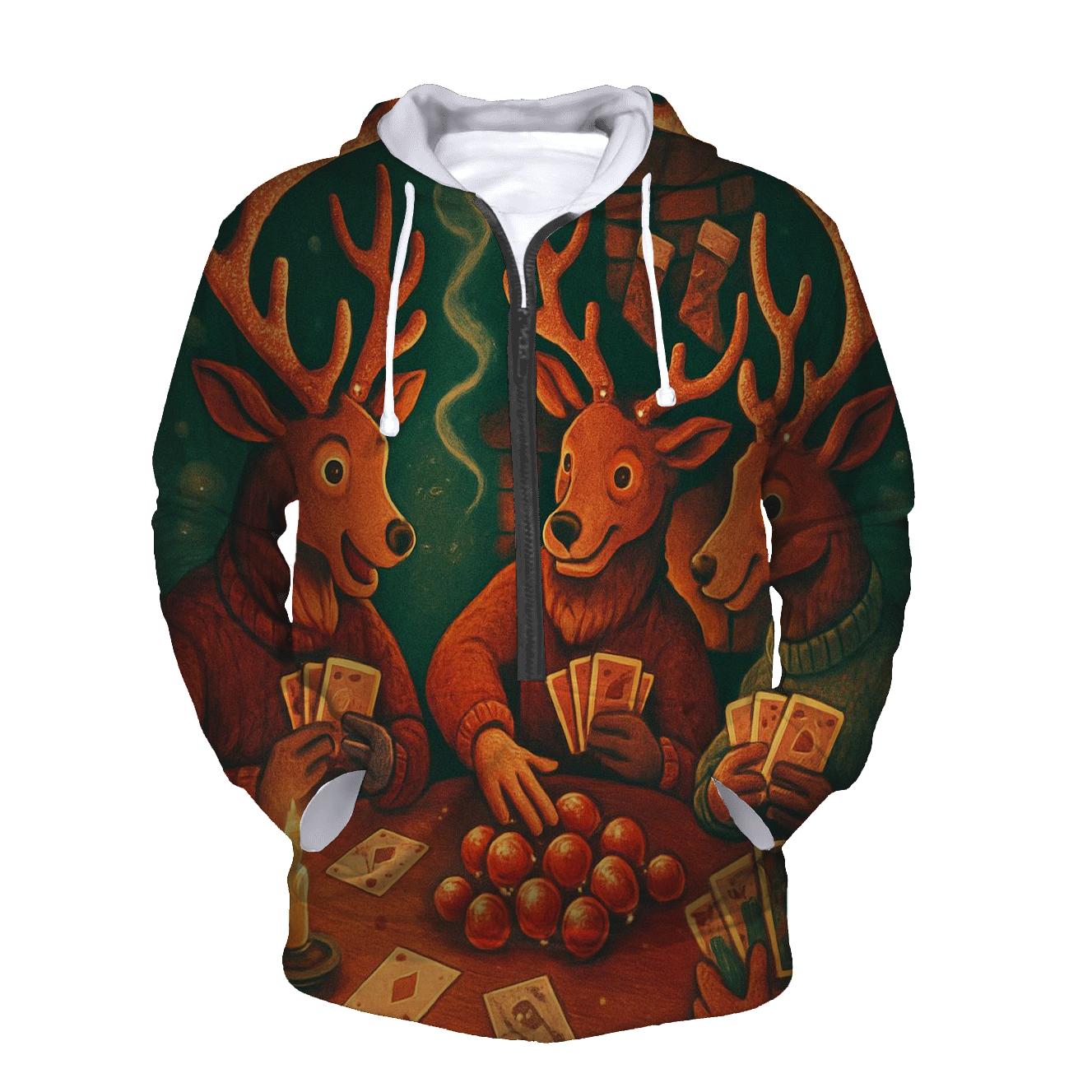 Reindeer Poker Night In Snowy Lodge embroidered hoodies