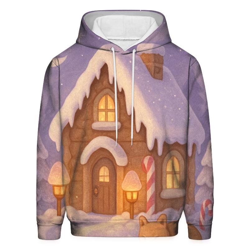 Gingerbread Cabin Under Moonlit Mist graphic hoodies