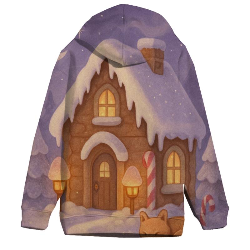 Gingerbread Cabin Under Moonlit Mist graphic hoodies