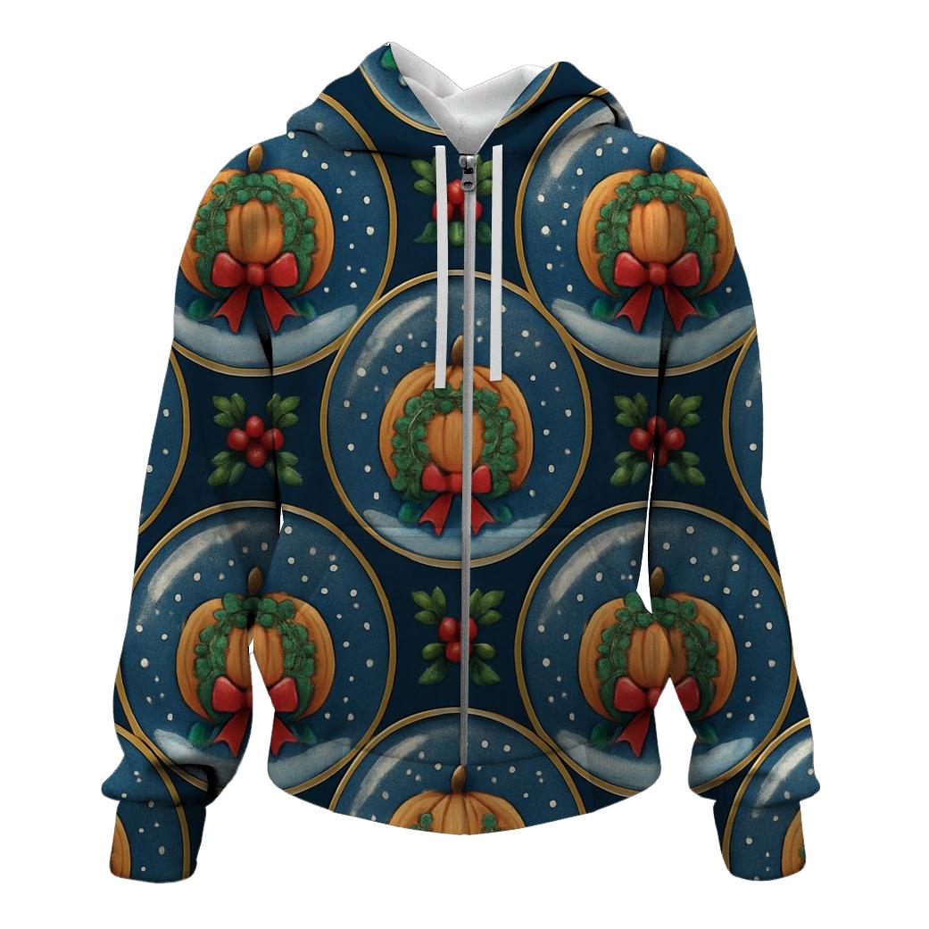 Snow Globe Pumpkin Medallion Radial Repeat On Navy Blue Background heavyweight hoodies