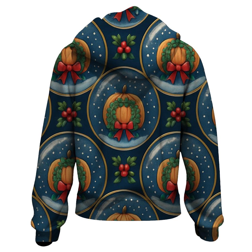 Snow Globe Pumpkin Medallion Radial Repeat On Navy Blue Background heavyweight hoodies
