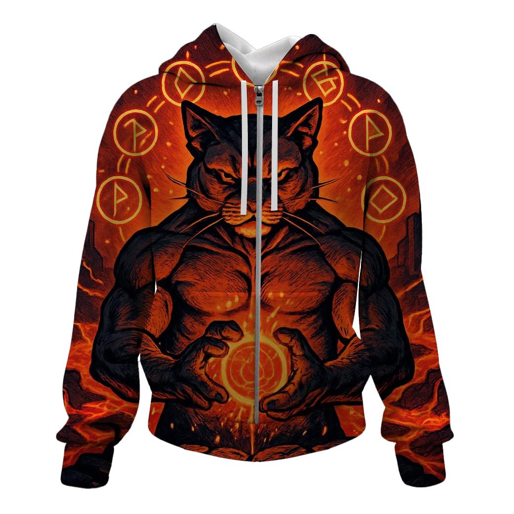 Volcanic Forge Guardian Cat zip-up hoodies