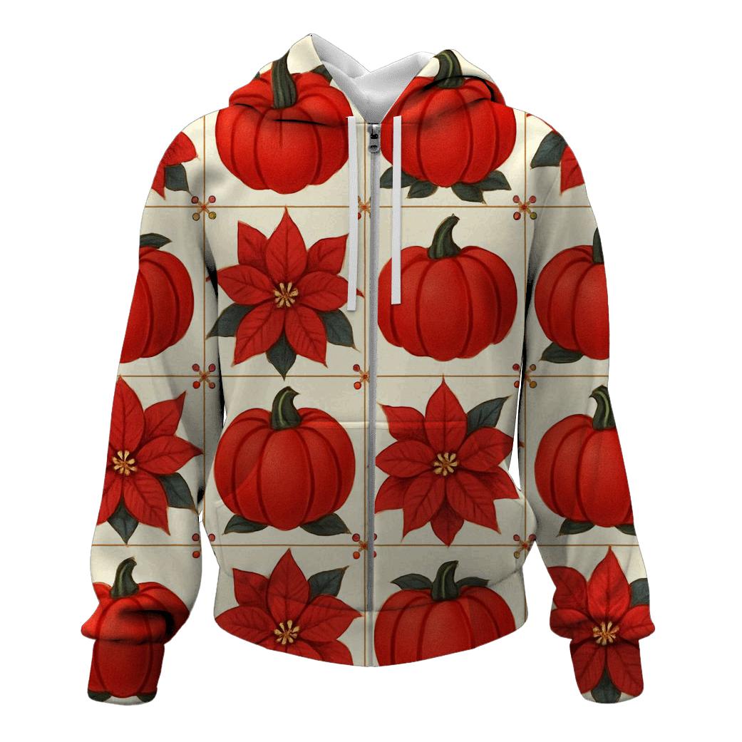 Poinsettia Pumpkin Checkerboard On Ivory Background zip-up hoodies