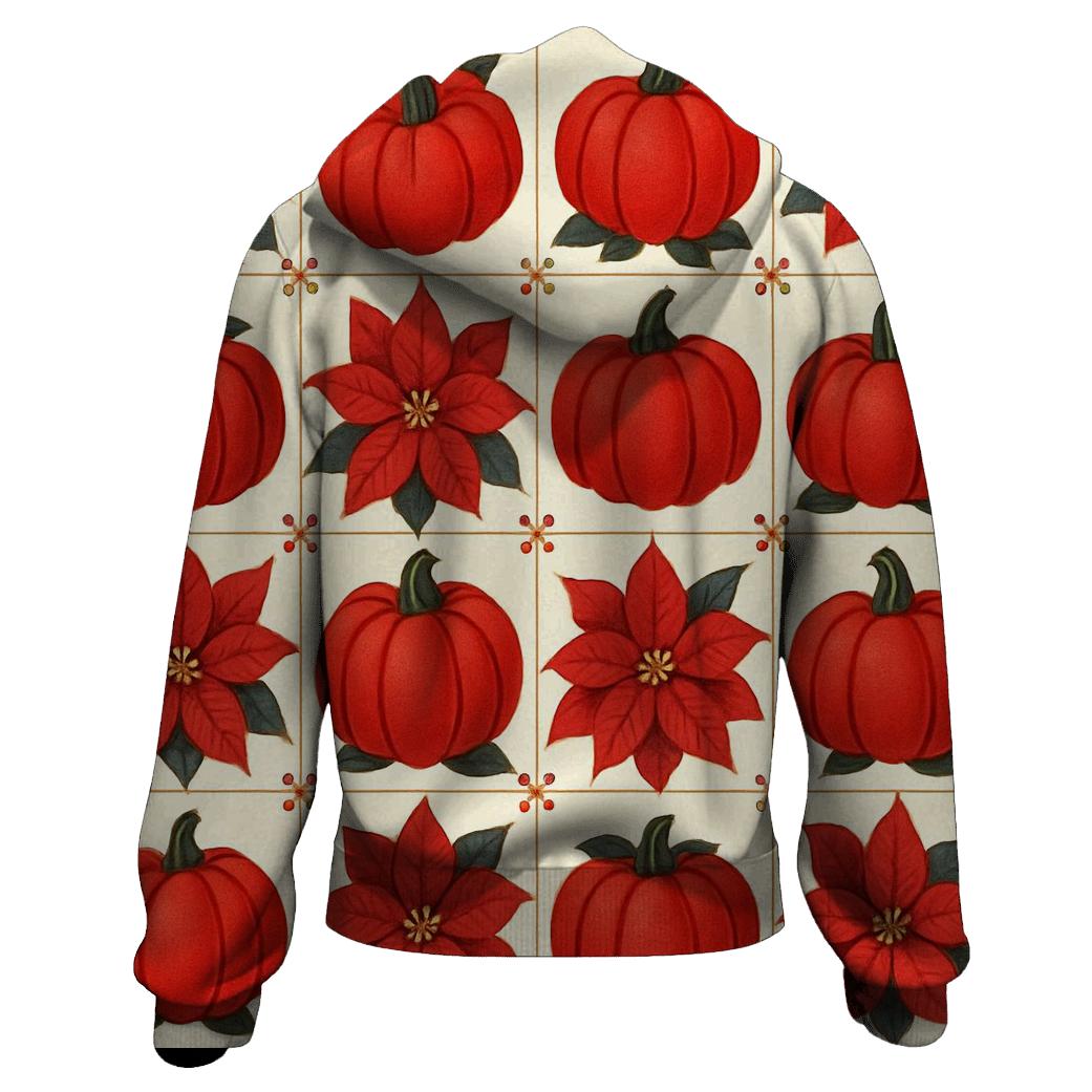 Poinsettia Pumpkin Checkerboard On Ivory Background zip-up hoodies