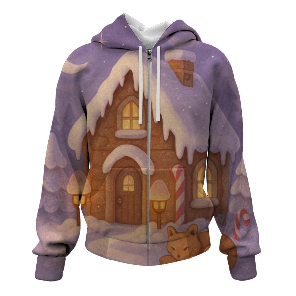 Gingerbread Cabin Under Moonlit Mist lightweight hoodies