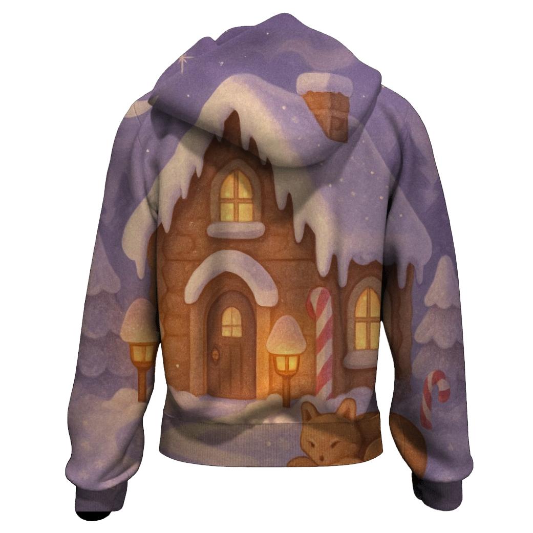 Gingerbread Cabin Under Moonlit Mist lightweight hoodies