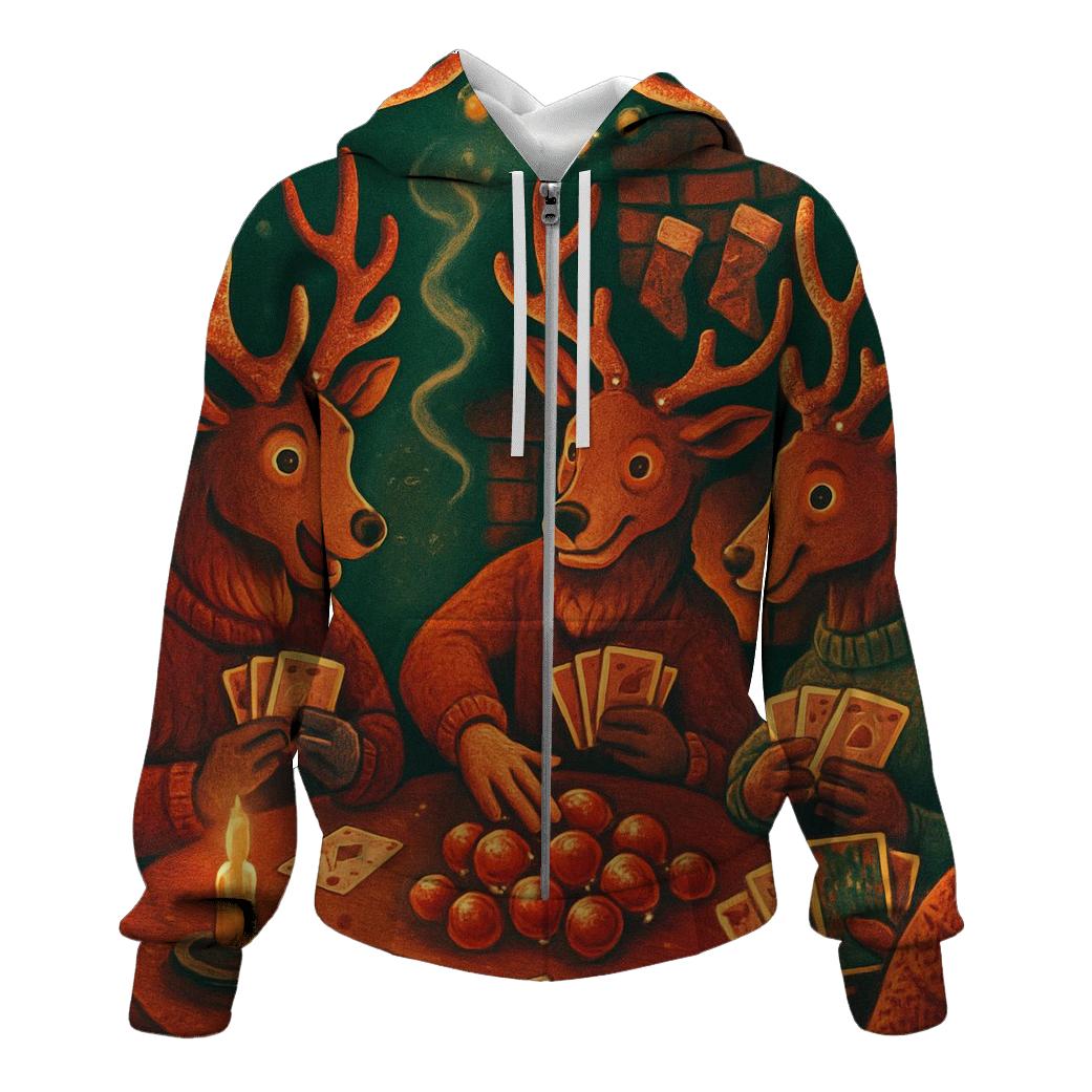 Reindeer Poker Night In Snowy Lodge graphic hoodies