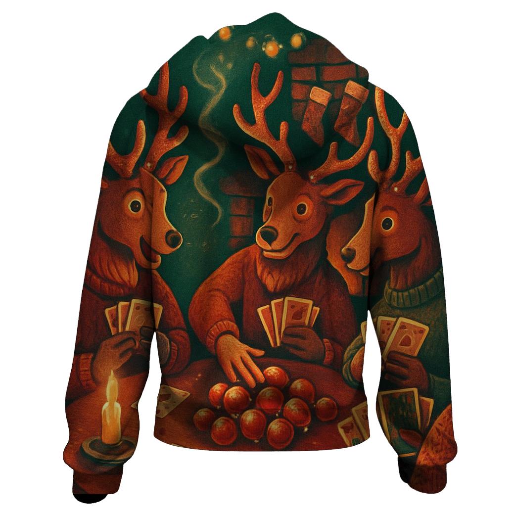 Reindeer Poker Night In Snowy Lodge graphic hoodies