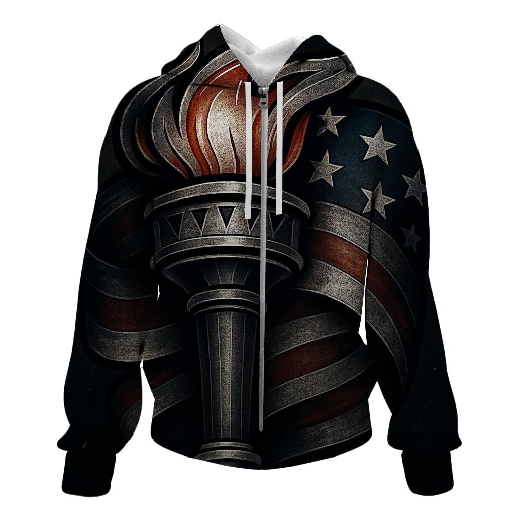 Liberty Torch And Flag Forged In Armor Steel zip-up hoodies