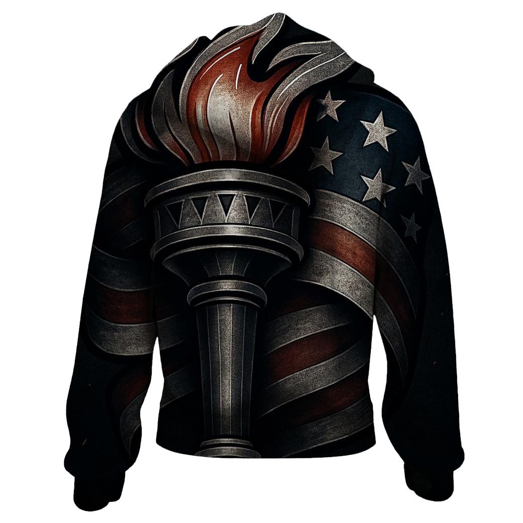 Liberty Torch And Flag Forged In Armor Steel zip-up hoodies
