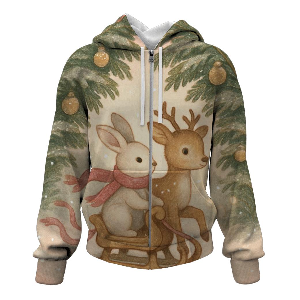Winter Wildlife Sleigh Ride Through Fir Tunnel graphic hoodies